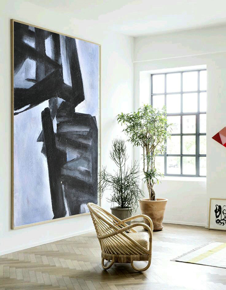 Oversized Wall Decor,Black And White Minimal Painting On Canvas - Extra Large Canvas Art,Handmade Acrylic Painting